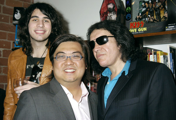 Nick Simmons, Radical Publishing's Edmund Shern and musician Gene Simmons of KISS attend the Grand Opening of Radical Publishing held at the Radical Publishing offices on February 19, 2009 in Los Angeles, California. 